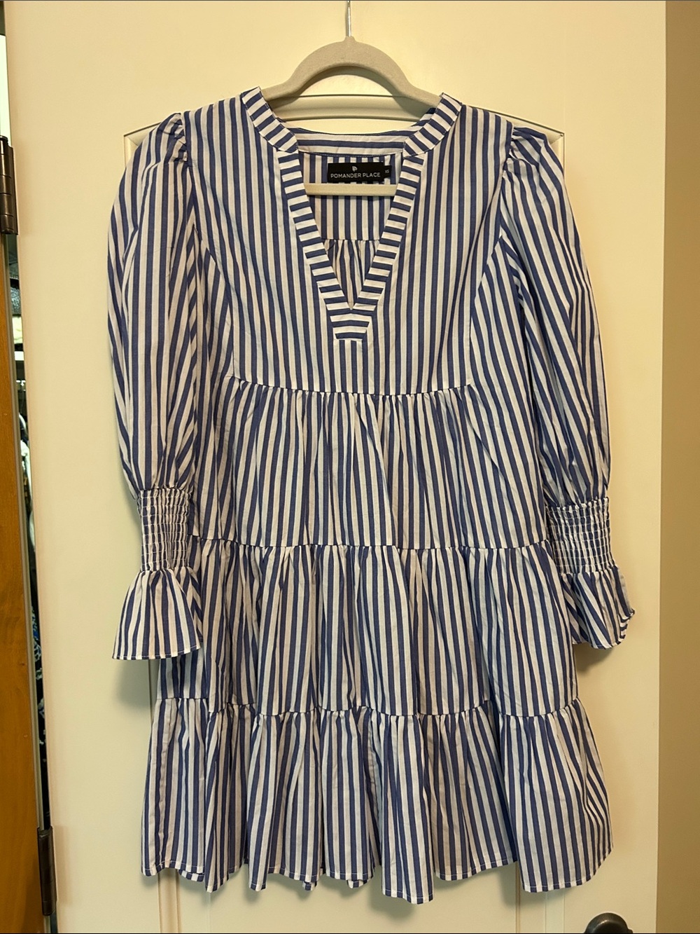 Pomander Place Blue & White Vertical Stripe Popover Great Quality & Fabric